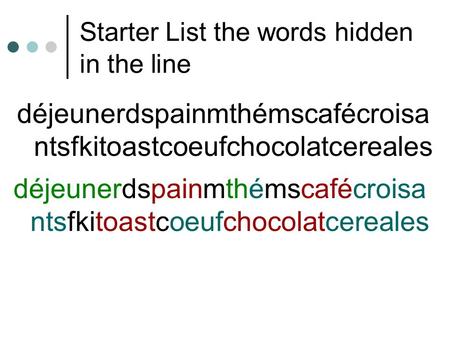 Starter List the words hidden in the line déjeunerdspainmthémscafécroisa ntsfkitoastcoeufchocolatcereales.