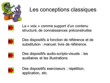 Les conceptions classiques La « voix » comme support dun contenu structuré, de connaissances préconstruites Des dispositifs à fonction de référence et.