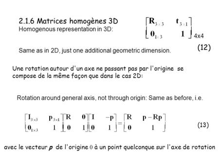 2.1.6 Matrices homogènes 3D Homogenous representation in 3D: