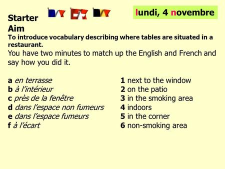 Starter Aim To introduce vocabulary describing where tables are situated in a restaurant. You have two minutes to match up the English and French and say.