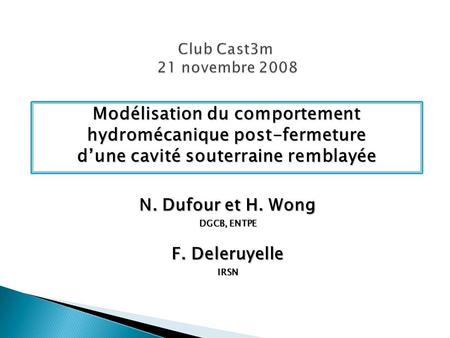 Club Cast3m 21 novembre 2008 Modélisation du comportement hydromécanique post-fermeture d’une cavité souterraine remblayée N. Dufour et H. Wong DGCB,