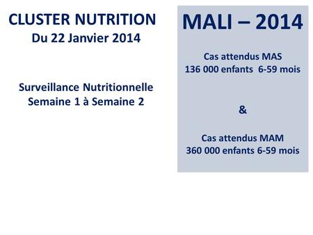 MALI – 2014 Cas attendus MAS 136 000 enfants 6-59 mois & Cas attendus MAM 360 000 enfants 6-59 mois CLUSTER NUTRITION Du 22 Janvier 2014 Surveillance Nutritionnelle.