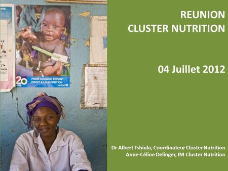 REUNION CLUSTER NUTRITION 04 Juillet 2012 Dr Albert Tshiula, Coordinateur Cluster Nutrition Anne-Céline Delinger, IM Cluster Nutrition.