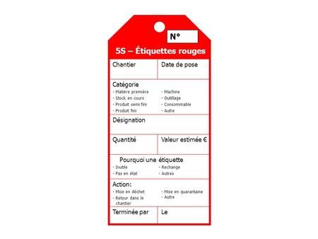5S – Étiquettes rouges ChantierDate de pose Catégorie - Matière première - Stock en cours - Produit semi fini - Produit fini - Machine - Outillage - Consommable.