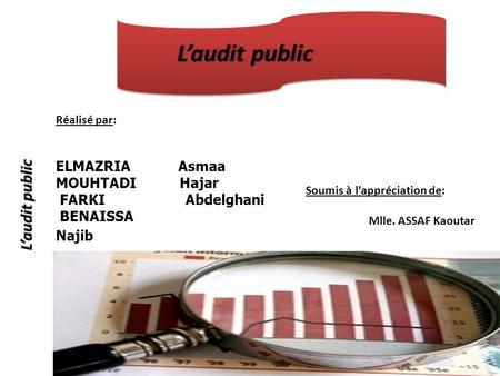 L’audit publicL’audit public Réalisé par: ELMAZRIA Asmaa MOUHTADI Hajar FARKI Abdelghani BENAISSA Najib Soumis à l’appréciation de: Mlle. ASSAF Kaoutar.