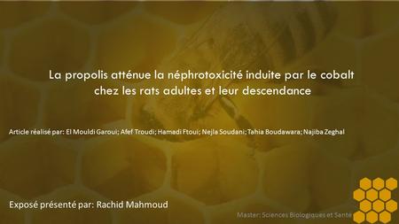 La propolis atténue la néphrotoxicité induite par le cobalt chez les rats adultes et leur descendance Article réalisé par: El Mouldi Garoui; Afef Troudi;