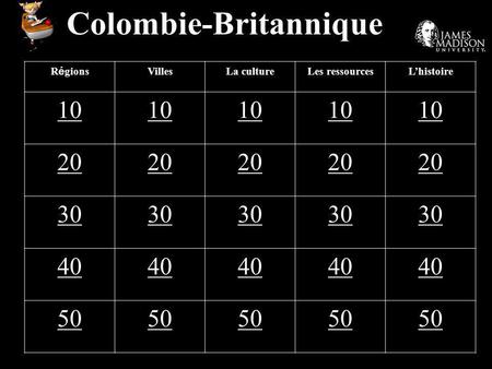 Colombie-Britannique R é gions VillesLa cultureLes ressourcesLhistoire 10 20 30 40 50.