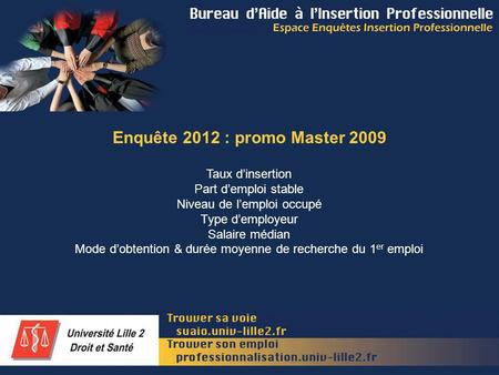 Enquête 2012 : promo Master 2009 Taux dinsertion Part demploi stable Niveau de lemploi occupé Type demployeur Salaire médian Mode dobtention & durée moyenne.