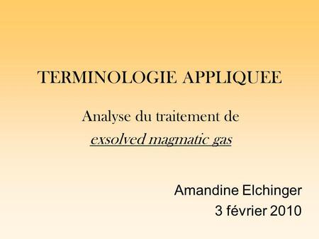 TERMINOLOGIE APPLIQUEE Analyse du traitement de exsolved magmatic gas Amandine Elchinger 3 février 2010.