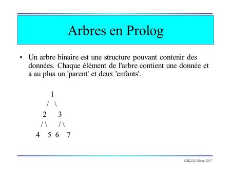 Arbres en Prolog Un arbre binaire est une structure pouvant contenir des données. Chaque élément de l'arbre contient une donnée et a au plus un 'parent'