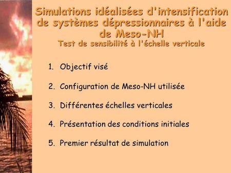 Simulations idéalisées d'intensification de systèmes dépressionnaires à l'aide de Meso-NH Test de sensibilité à l'échelle verticale 1.Objectif visé 2.Configuration.