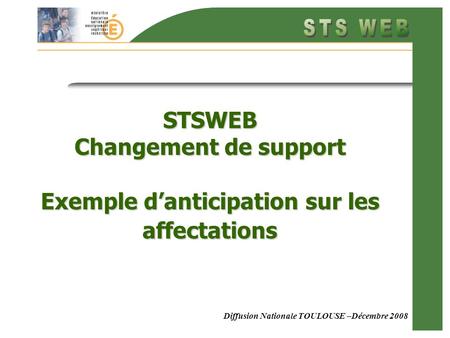 Diffusion Nationale TOULOUSE –Décembre 2008 STSWEB Changement de support Exemple danticipation sur les affectations.