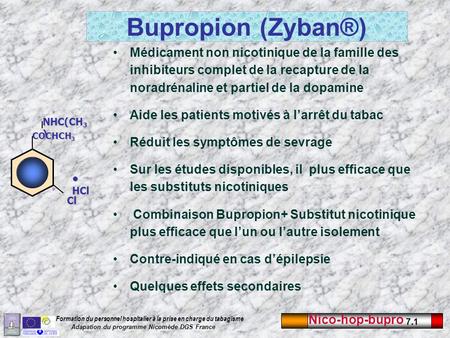 Bupropion (Zyban®) Médicament non nicotinique de la famille des inhibiteurs complet de la recapture de la noradrénaline et partiel de la dopamine Aide.
