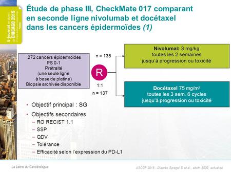 Étude de phase III, CheckMate 017 comparant en seconde ligne nivolumab et docétaxel dans les cancers épidermoïdes (1) Nivolumab 3 mg/kg toutes les 2.