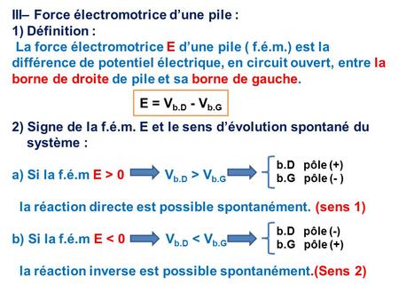 III– Force électromotrice d’une pile : 1)Définition : La force électromotrice E d’une pile ( f.é.m.) est la différence de potentiel électrique, en circuit.