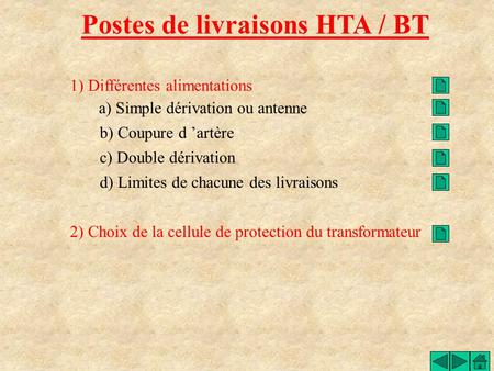 Postes de livraisons HTA / BT 1) Différentes alimentations 2) Choix de la cellule de protection du transformateur a) Simple dérivation ou antenne b) Coupure.