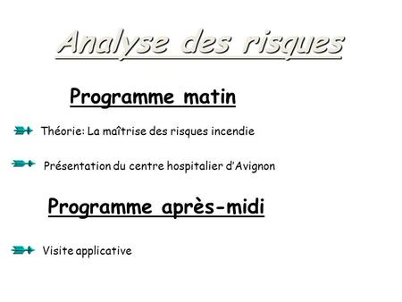 Programme matin Théorie: La maîtrise des risques incendie Présentation du centre hospitalier d’Avignon Visite applicative Programme après-midi Analyse.