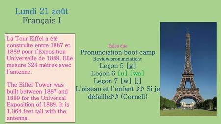 Lundi 21 août Français I Pronunciation boot camp Leçon 5 [g]