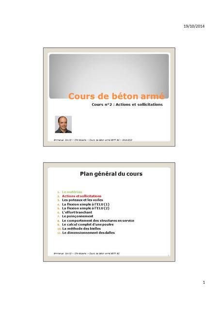19/10/2014 Cours de béton armé Cours n°2 : Actions et sollicitations Emmanuel DAVID – CPA-Experts – Cours de béton armé ESTP B2 – Plan général.