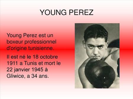 YOUNG PEREZ Young Perez est un boxeur professionnel d'origine tunisienne. Il est né le 18 octobre 1911 a Tunis et mort le 22 janvier 1945 à Gliwice,