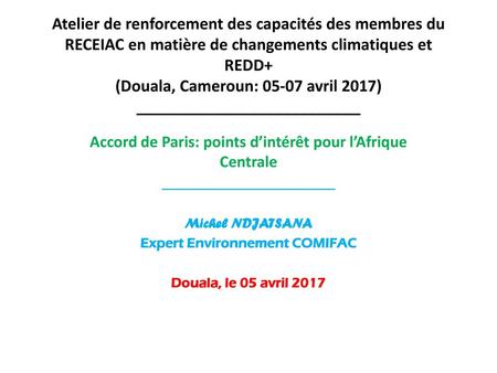 Atelier de renforcement des capacités des membres du RECEIAC en matière de changements climatiques et REDD+ (Douala, Cameroun: 05-07 avril 2017) __________________________.