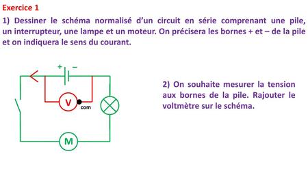 Exercice 1 1) Dessiner le schéma normalisé d’un circuit en série comprenant une pile, un interrupteur, une lampe et un moteur. On précisera les bornes.
