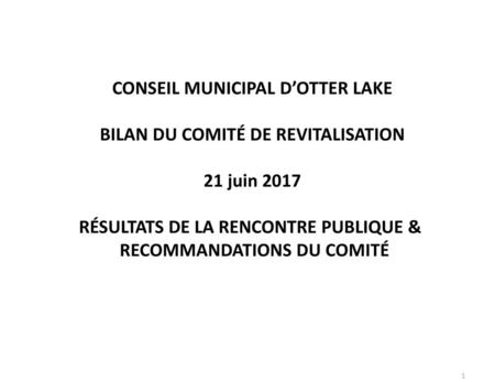 CONSEIL MUNICIPAL D’OTTER LAKE BILAN DU COMITÉ DE REVITALISATION