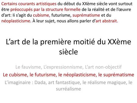 L’art de la première moitié du XXème siècle