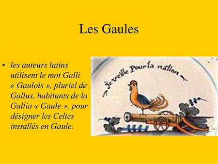 Les Gaules les auteurs latins utilisent le mot Galli « Gaulois », pluriel de Gallus, habitants de la Gallia « Gaule », pour désigner les Celtes installés.