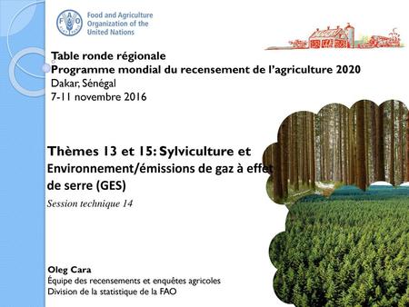 Table ronde régionale Programme mondial du recensement de l’agriculture 2020 Dakar, Sénégal 7-11 novembre 2016 Thèmes 13 et 15: Sylviculture et Environnement/émissions.