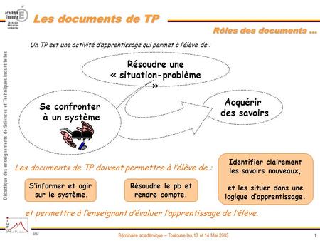 1 Didactique des enseignements de Sciences et Techniques Industrielles Séminaire académique – Toulouse les 13 et 14 Mai 2003 MM Les documents de TP Rôles.