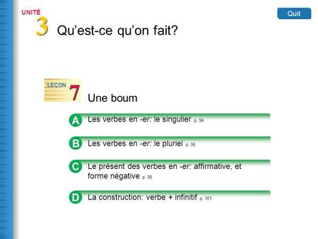 A Les verbes en -er: le singulier p. 94 The basic form of a verb is called the infinitive. Many French infinitives end in -er. Most of these verbs are.