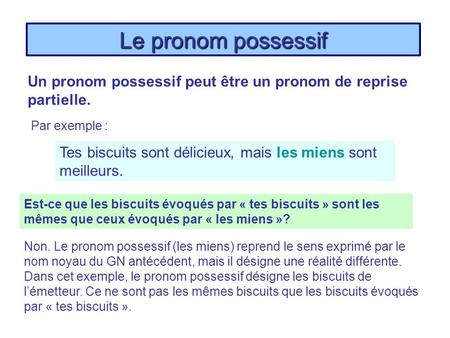 Le pronom possessif Un pronom possessif peut être un pronom de reprise partielle. Par exemple : Tes biscuits sont délicieux, mais les miens sont meilleurs.