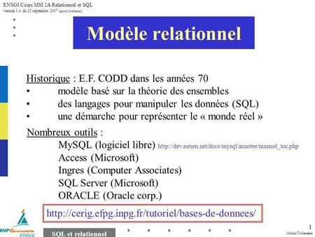 Michel Tollenaere SQL et relationnel ENSGI Cours MSI 2A Relationnel et SQL version 1.4 du 25 septembre 2007 (ajout jointures) 1 Modèle relationnel Historique.