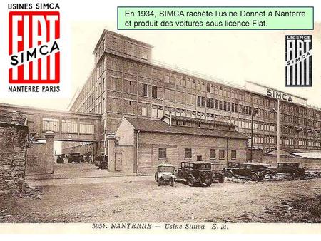 En 1934, SIMCA rachète l’usine Donnet à Nanterre et produit des voitures sous licence Fiat.