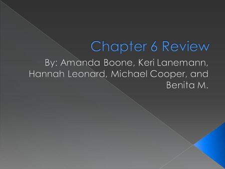Chapter 6 Review By: Amanda Boone, Keri Lanemann, Hannah Leonard, Michael Cooper, and Benita M.