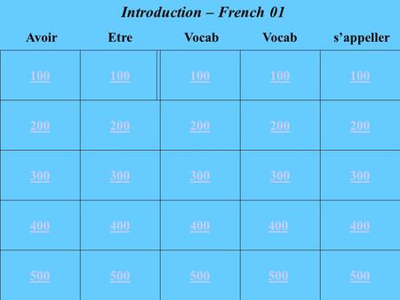 100 200 300 400 500 100 200 300 400 500 100 VocabsappellerEtreAvoirVocab Introduction – French 01 400 500.