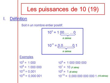 Les puissances de 10 (19) Définition 10n = 1 00…. …0 10-n = 0,0……..0 1