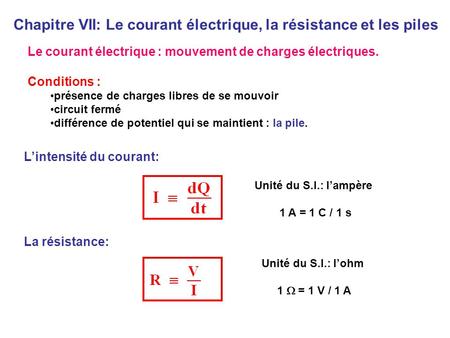 Chapitre VII: Le courant électrique, la résistance et les piles