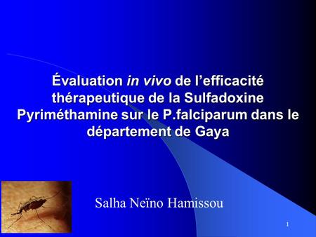1 Évaluation in vivo de lefficacité thérapeutique de la Sulfadoxine Pyriméthamine sur le P.falciparum dans le département de Gaya Salha Neïno Hamissou.
