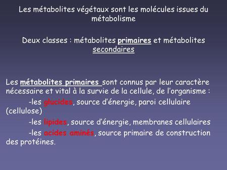 Les métabolites végétaux sont les molécules issues du métabolisme
