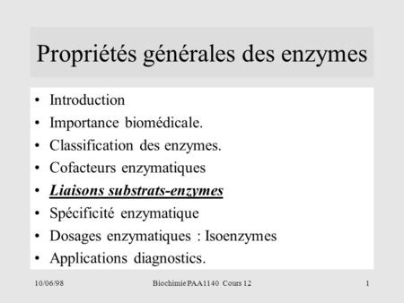 Propriétés générales des enzymes