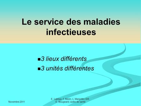 Novembre 2011 E. Labbay, F. Morin, L. Margottin IDE, E. Bougeard, cadre de santé Le service des maladies infectieuses 3 lieux différents 3 unités différentes.
