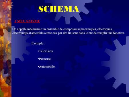 SCHEMA 1 MECANISME On appelle mécanisme un ensemble de composants (mécaniques, électriques, électroniques) assemblés entre eux par des liaisons dans le.