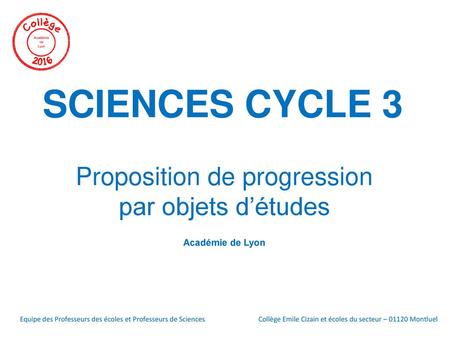 Proposition de progression par objets d’études Académie de Lyon