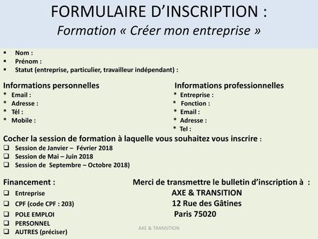 FORMULAIRE D’INSCRIPTION : Formation « Créer mon entreprise »