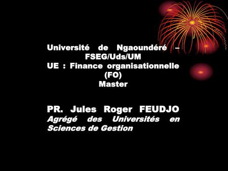 Université de Ngaoundéré – FSEG/Uds/UM UE : Finance organisationnelle (FO) Master PR. Jules Roger FEUDJO Agrégé des Universités.