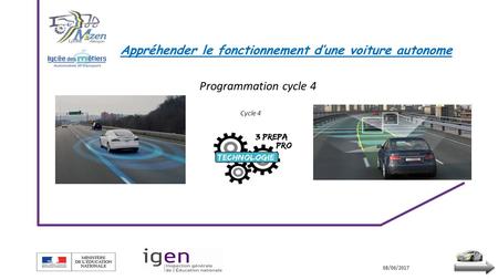 JJ/MM/AAAA 08/06/2017 Appréhender le fonctionnement d’une voiture autonome Programmation cycle 4 Cycle 4.