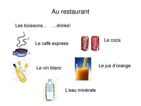 Au restaurant Les boissons… …drinks! Le coca Le café express