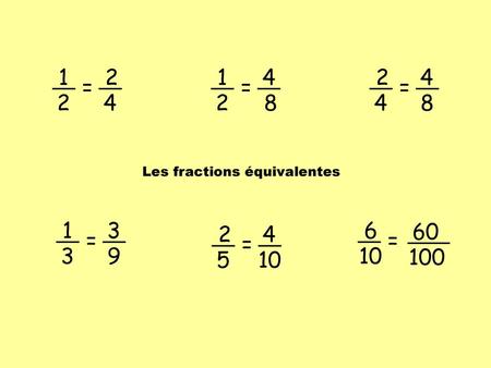 1 2 4 = 1 2 4 8 = 2 4 8 = Les fractions équivalentes 1 3 9 = 6 10 60